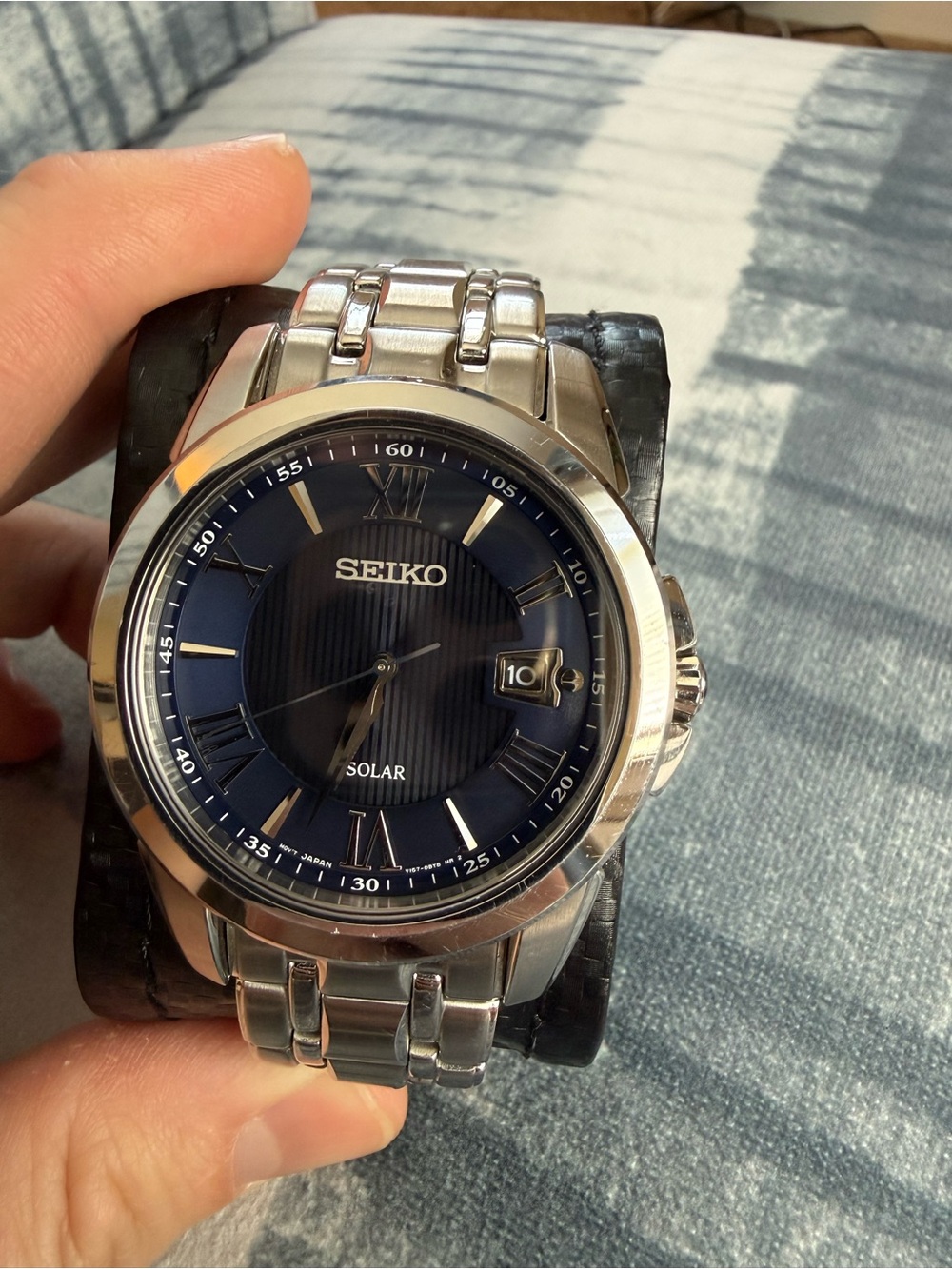 Seiko Silver Stainless Steel Solar Watch with Blue Dial